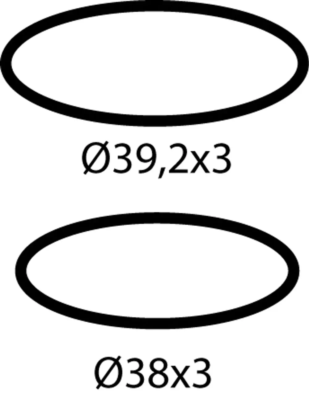 O-Ringe von Ideal Standard, abgebildet in ovaler Form, mit den Durchmessern Ø39,2 und Ø38, jeweils aus einer dicken schwarzen Linie dargestellt.